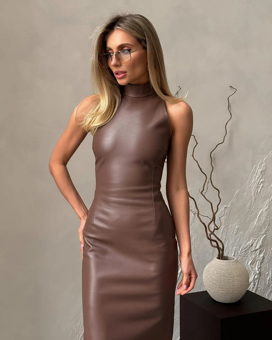 Europäischer und amerikanischer Stil, modisches PU-Leder, einfarbig, Spleißen, ärmellos, Stehkragen, schmale Passform, geteilte Hüfte.