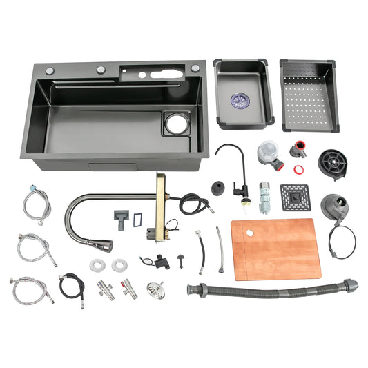 Küchenspüle aus Edelstahl 201 mit Digitalanzeige, ausziehbarer Wasserhahn, Abtropfkorb, Schneidebrett, Hochdruck-Becherwascher