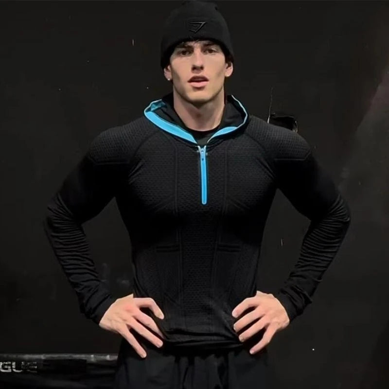 Men's Quick Dry Breathable Slim Fit Elastic Hooded Zipper Long Sleeve Fitness T-Shirt for Gym Sports Casual