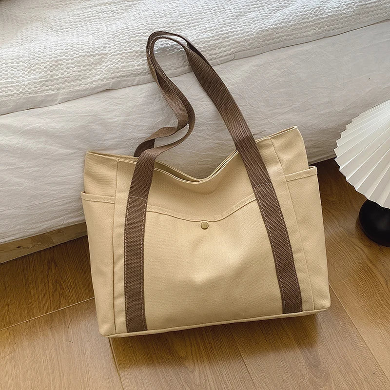 Canvas Women's Shoulder Bag Large Capacity Multiple Outer Pocket Zipper Tote Bag Student Handbag Shopping.