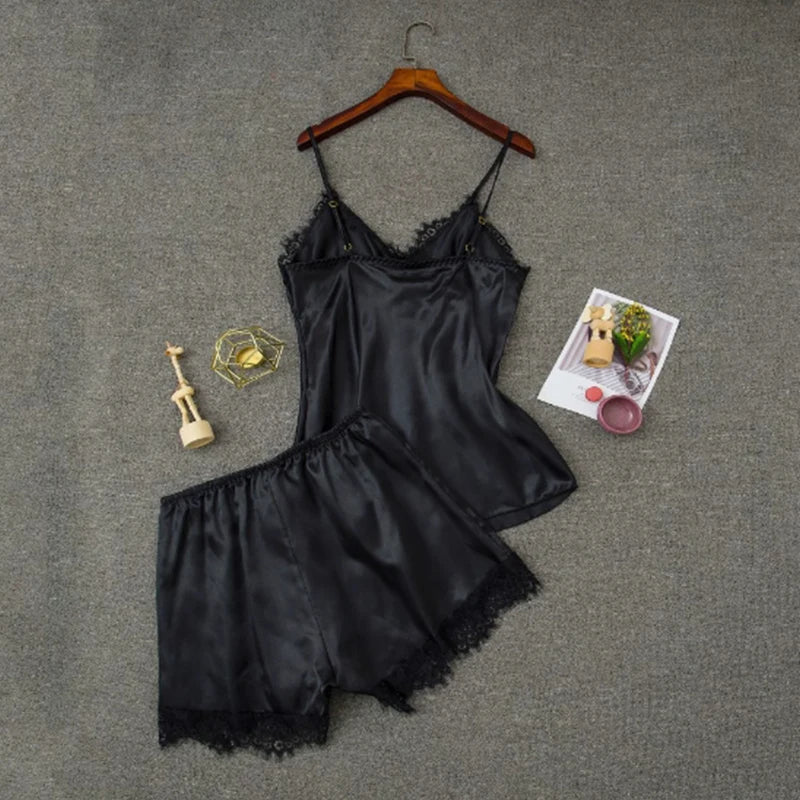 Frauen Pyjama Anzug Mode V-ausschnitt Stretch Satin Babydoll Spitze Sexy Dessous Bowknot Pyjamas Schlaf Shorts Set Nachtwäsche Neue.