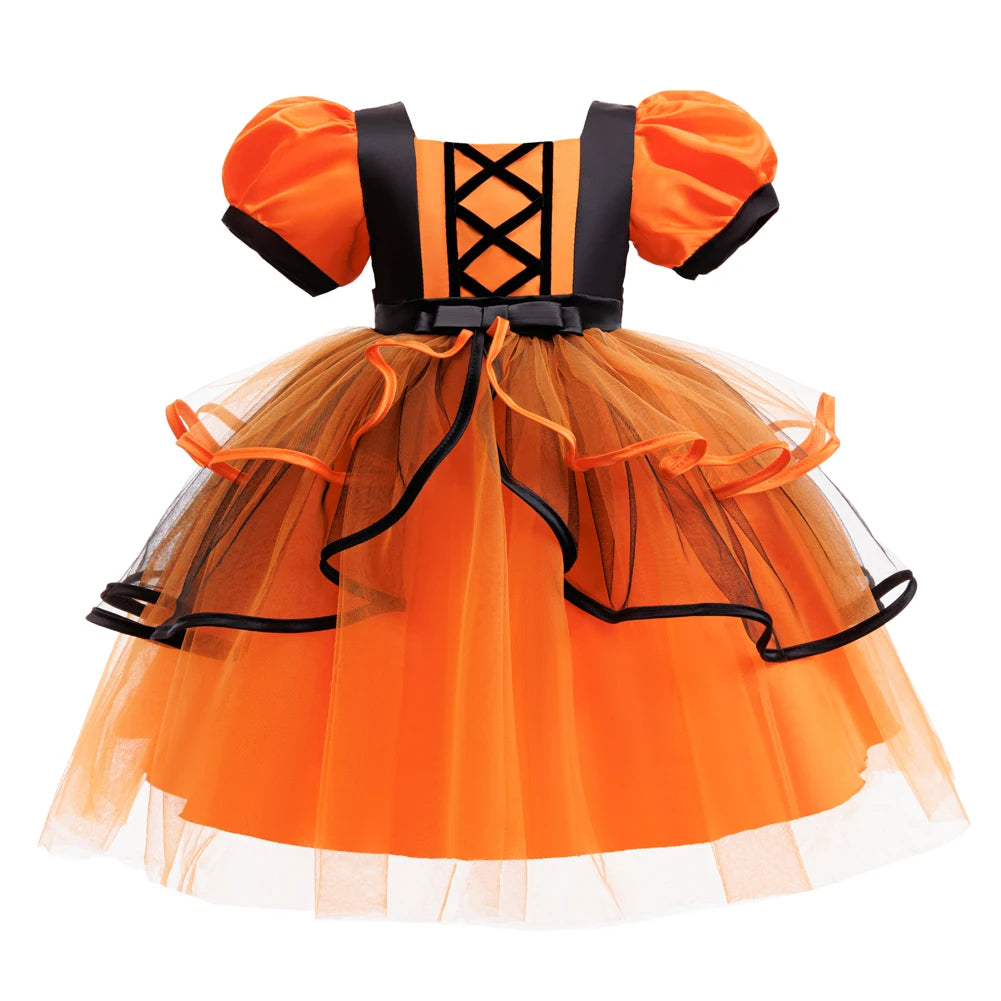 Orangefarbenes Halloween-Kinderkleid für 2–10 Jahre, Polyestermaterial, Puffärmel und mehrlagiger Tüllrock, süße Prinzessinnenkleidung.