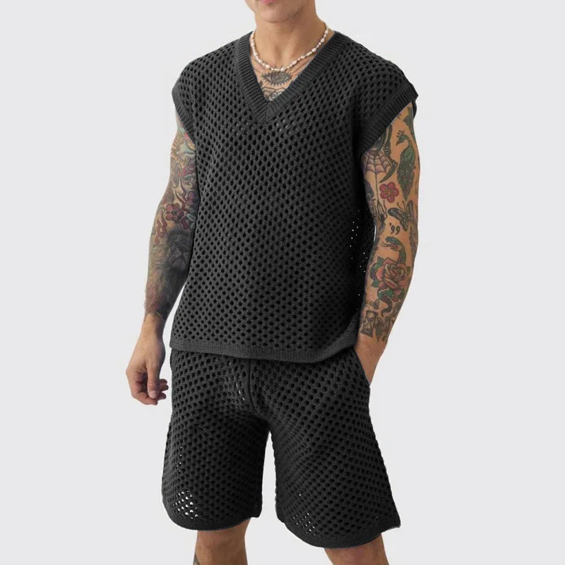 New Men's Summer Casual Knit V Neck Two-piece Sets Fashion Solid Loose Tank Tops and Shorts Sport Suit Men Hollow Out Streetwear.