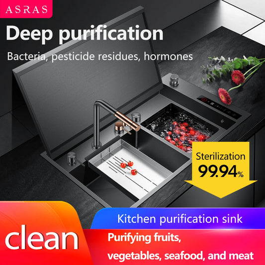 ASRAS Kitchen Sink Stainless Steel Nano Grey Kitchen Sink with Built-in Food Purifier, Hidden Cover & Adjustable Lift Faucet