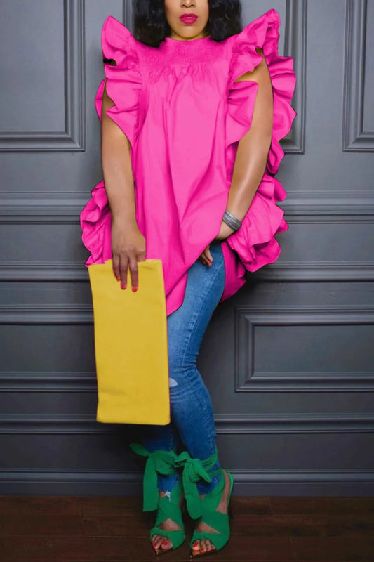 Frauen Rüschen Top Ärmelloses Rundhals Mode Elegante Solide Vintage Fly Hülse Sommer T-shirt für Weibliche Nette Hemd Tops.