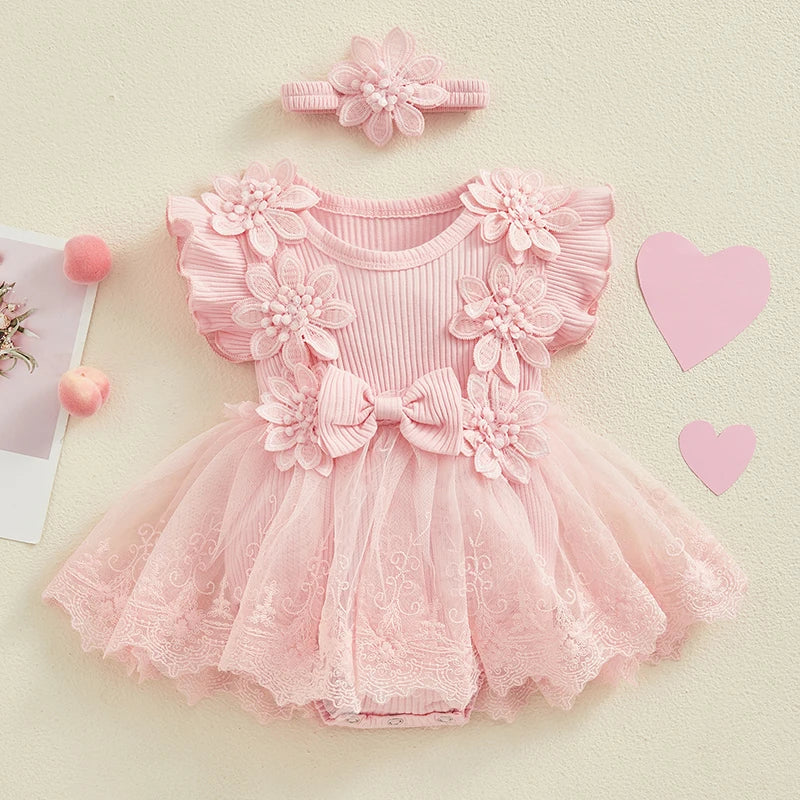 Visgogo Neugeborenen Baby Stram pler Kleid 2 Stück Outfits Mesh Spitze Patchwork Rüschen Bodysuit und Stirnband süße Sommerkleid ung.