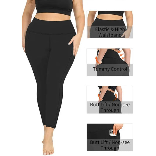 Women's High-Waisted Yoga Pants Plus Size Butt-Lifting Workout Leggings with Pockets Elastic Activewear for Gym & Running.