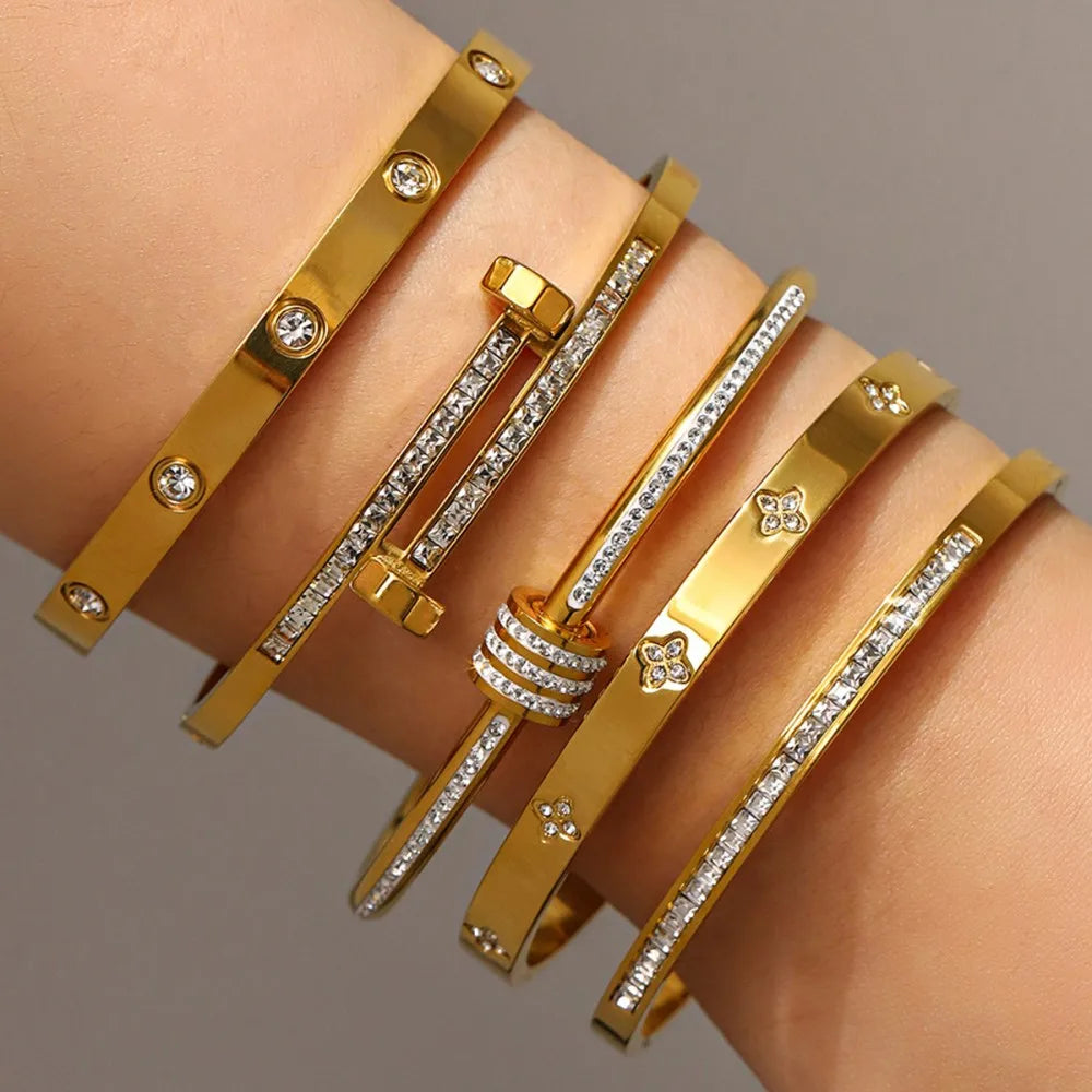 Titanium Steel Stacked Bracelet Couple's Shiny Zircon Inlaid Stainless Steel Bangles Gold Color Female Jewelry Gift.