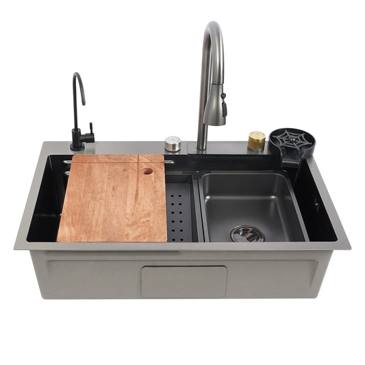 75 cm große Küchenspüle aus Edelstahl, Haushaltsspülbecken-Set mit großem Fassungsvermögen und mehreren Zubehörteilen, 3 Wasserausgangsmodi