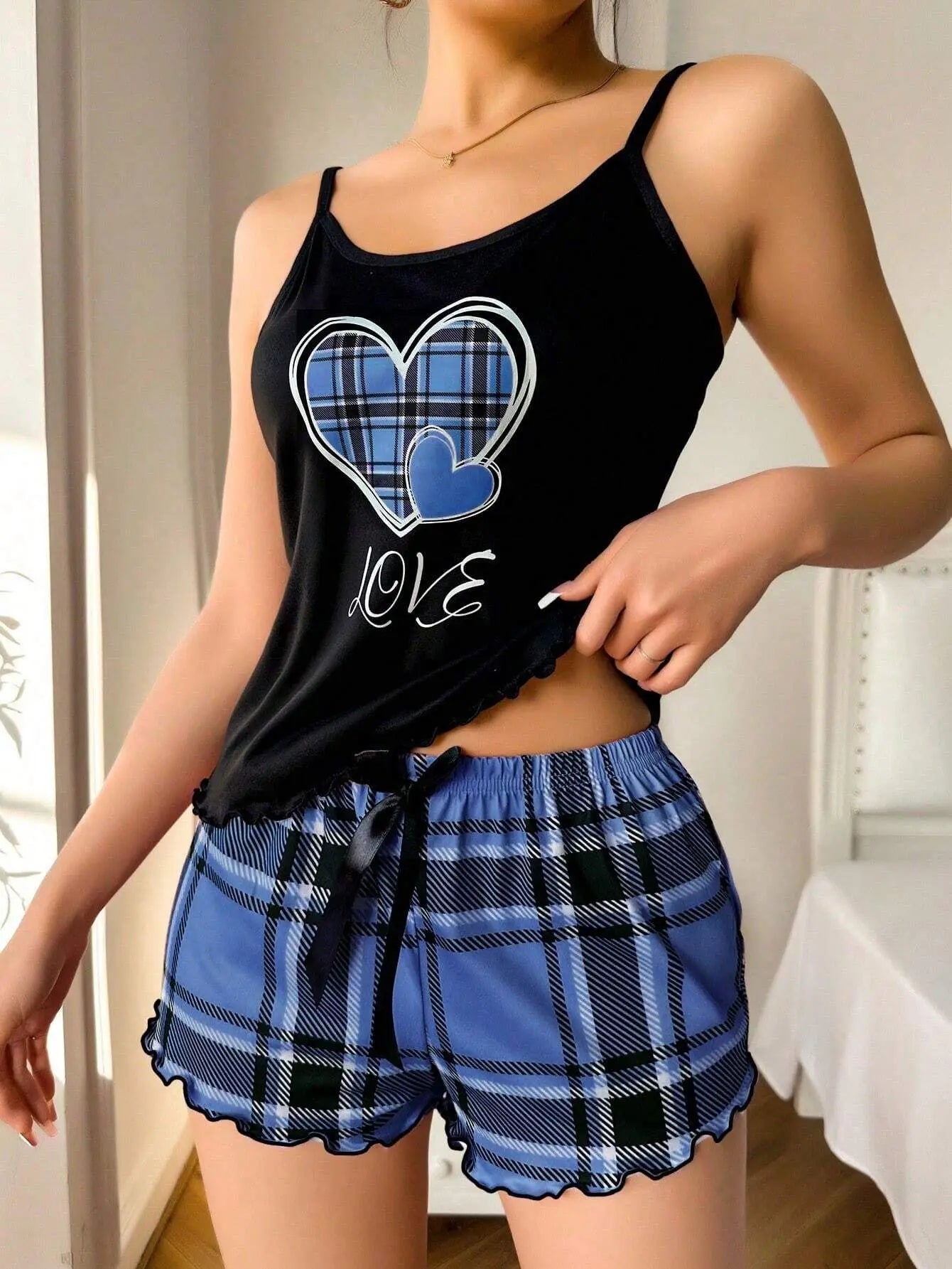Frauen Sexy Hosenträger Shorts Dünne Pyjamas Brief Drucken Plaid Shorts Große Pyjamas Romantische Hause Tragen Sexy Nachtwäsche Kurze Pyjama