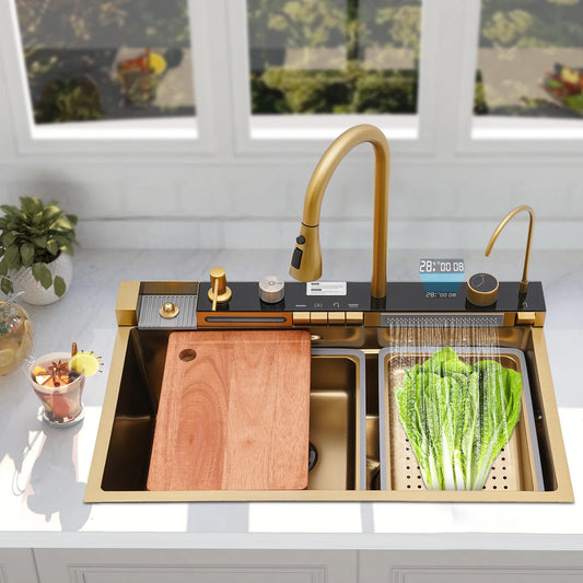 Wasserfall-Küchenspüle-Set mit Digitalanzeige und Wasserhahnschläuchen | 75 * 46 * 22 cm goldenes Edelstahl-Spülbecken-Set für modernes Zuhause