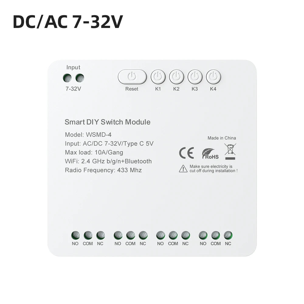AVATTO Tuya WiFi 4-Kanal-Schaltmodul, 7–32 V/85–250 V RF433 Fernbedienungsrelais-DIY-Modul, funktioniert mit Alexa, Google Home, Alice
