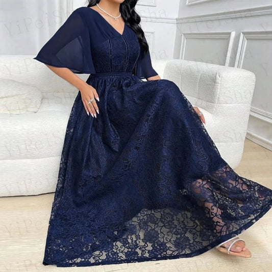 Maßgeschneiderte A-Linie-Abschlussballkleider, knöchellang, V-Ausschnitt, halbe Ärmel, Abendkleid, schlichtes, modisches, mit Spitze drapiertes, rückenfreies Partykleid.