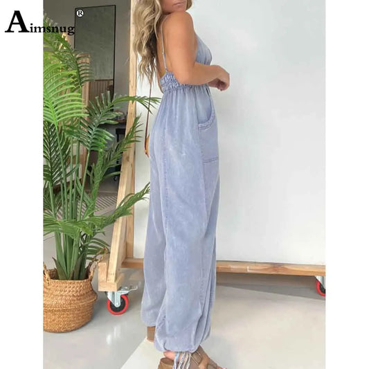 2025 Women's Stand Pocket Casual Beach Jumpsuits Women Straight Leg Trousers High Cut Female Fashion Strappy Bodysuits New.