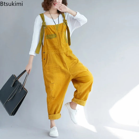New Fashion Streetwear Women's Spring Autumn Corduroy Jumpsuits Multi Pockets Splice Design Women Rompers Vintage Loose Overalls.