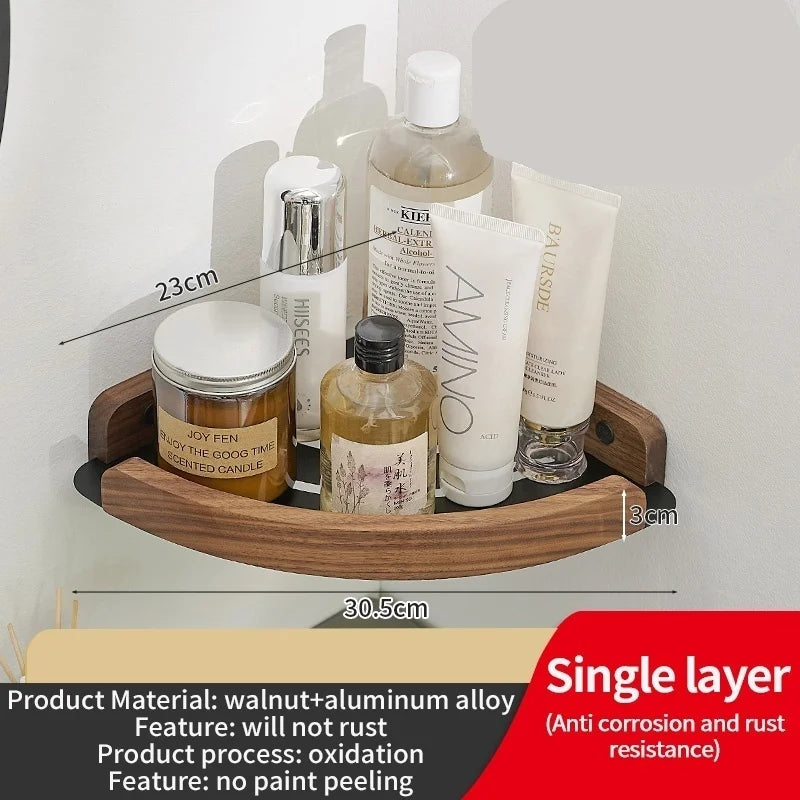 Badezimmer-Aufbewahrungsregal aus Holz und Aluminium, Aufbewahrungsregal für Badezimmer, perforationsfrei, Wandbehang, Waschtisch, WC, dreieckiges Eckregal