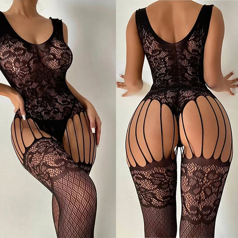 2025 Fishnet Bra Lingerie One Piece Crotchless Adult Sexy Underwear Transparent Body Suit Ultra Hot Open Tights Exotic Lingeries.