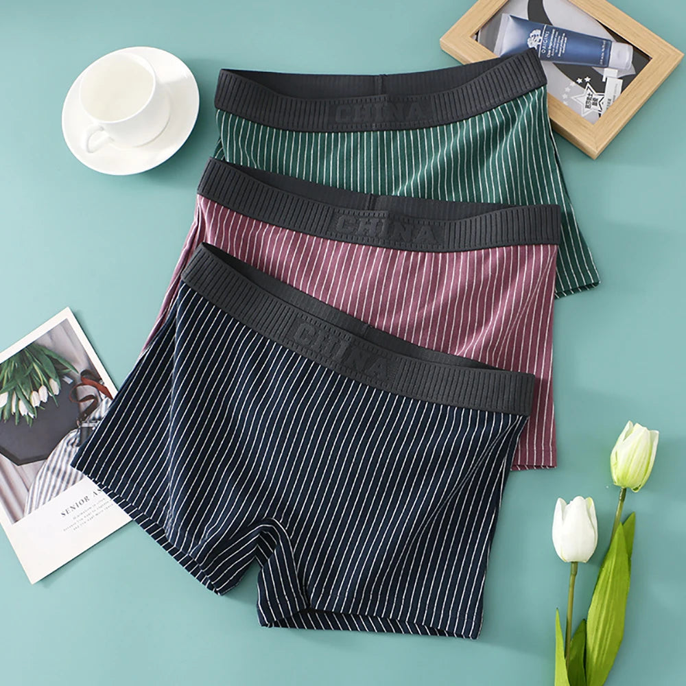 3PCS/Pack 100% Cotton Soft Panties Woman Trendy Striped Female Underwear Summer Breathable High Elastic Mid-rise Waist Boyshort