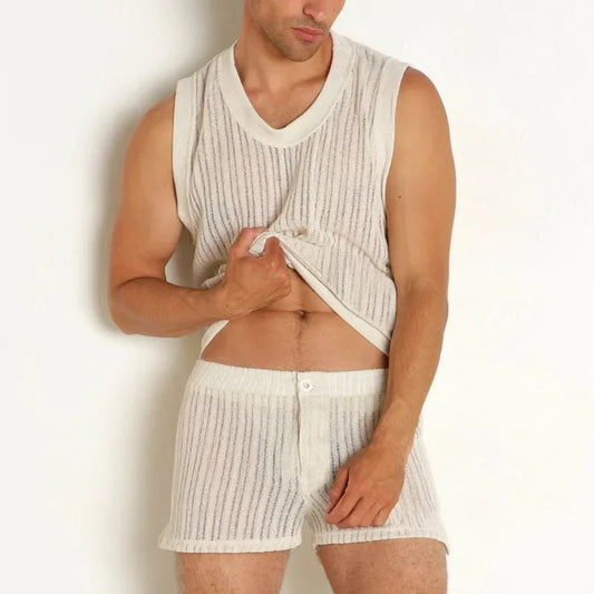 Mens Sets Summer New Wild Solid Color Casual I-shaped Vest Shorts Suit for Men.