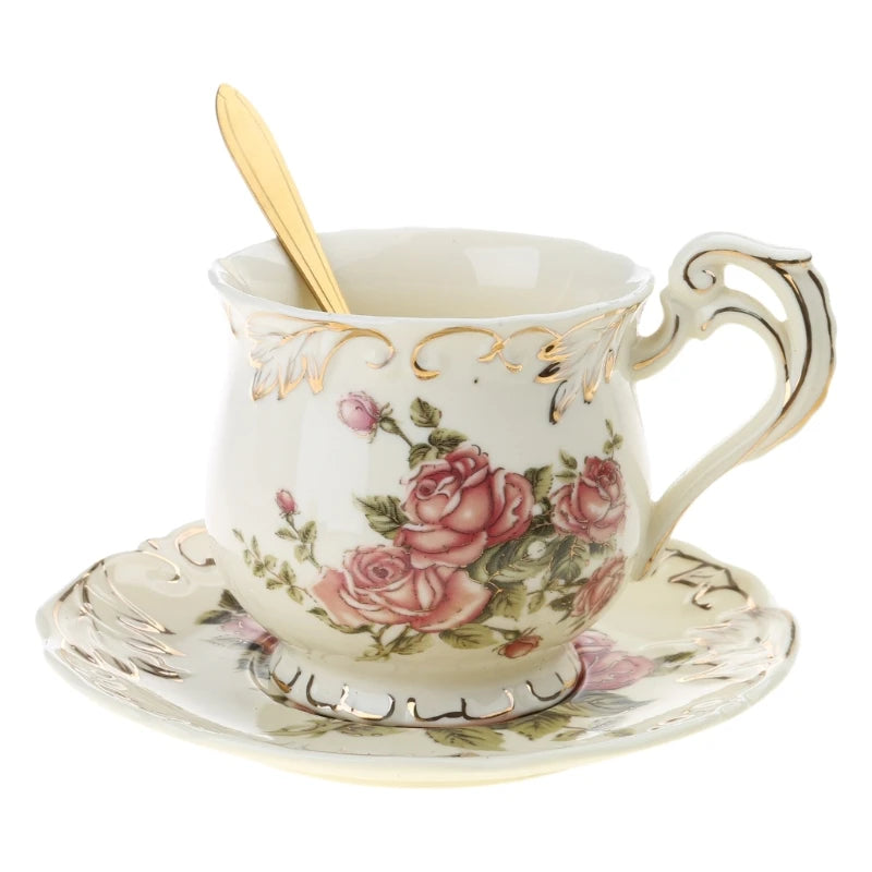 Teas Cup and Saucers Set Ivory Porcelain Coffee Cup Retro Flower Rose Ceramics Cup Set with Saucers and Spoon Drink Gift.