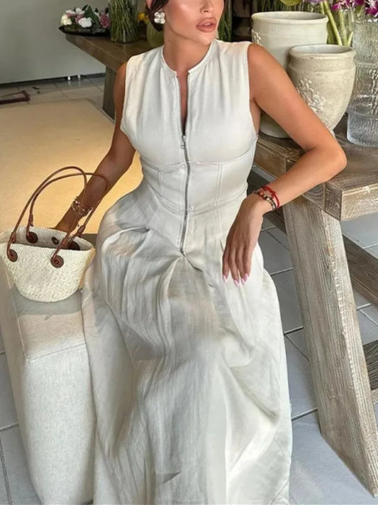 MUJER Zipper Langes Kleid Frau Plissee Ärmelloses, Figurbetontes Kleid Sommer Elegante Party Kleider Für Frauen 2025, Neue Midi Kleider.