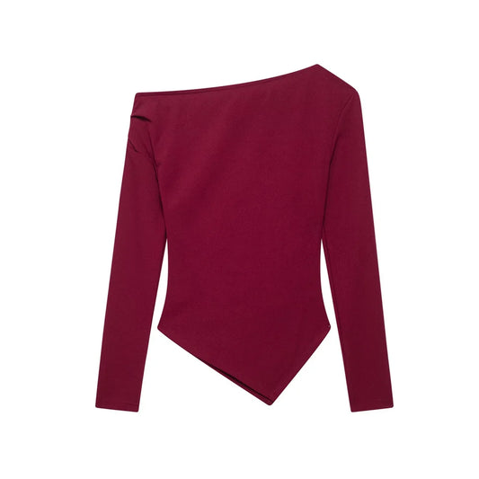 Women's Asymmetric Elastic Top Solid Color Long Sleeve Slant Neck Decoration Spring New Casual Women's Top.