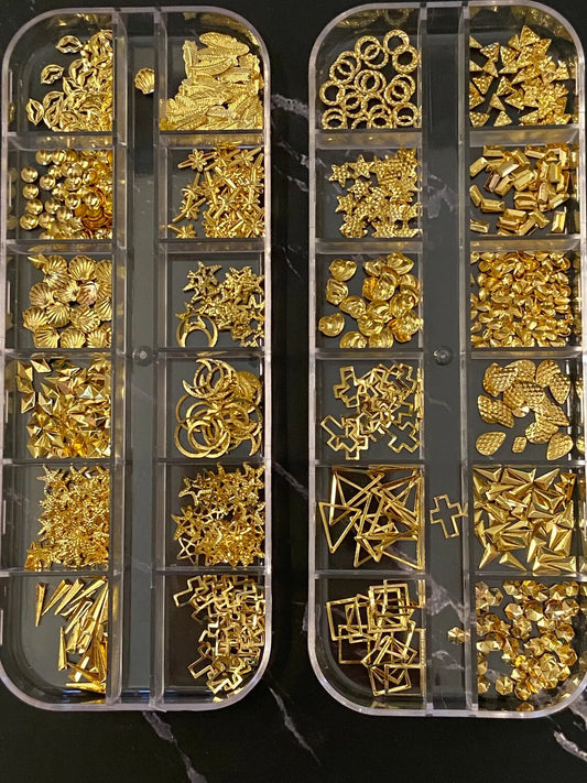 12Grids Moon Star Nails Gold Metallic Nail Sequins Charms 3D Nail Art Tips Decoration 3D Metal Moon Star Sun Bead Rivet Nail Je.