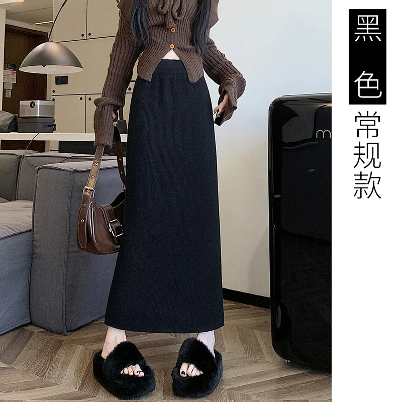 2025 New Thick Knit Midi Skirt High Waisted Straight Hem Bodycon Pencil Skirts for Petite Women Cozy Fall Winter Fashion