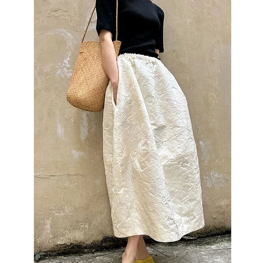 2024 New Arrival Spring/summer Arts Style Women Casual Loose Fit Elastic Waist A-line Jacquard Design Ankle-length Skirt P02.