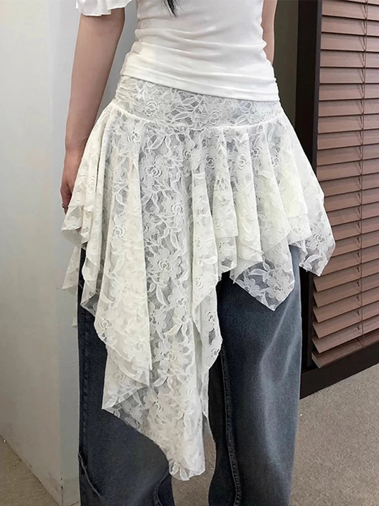 Asymmetrical Lace Skirt Pants Women High Waist Layered Skirt Y2k Japanese Vintage Jacquard Short Skirt 2025 Spring Clothing