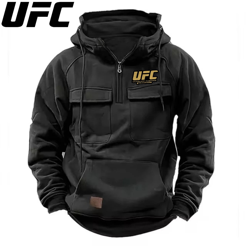 UFC Autumn Winter Men's Hooded Solid Hoodies Sweatshirts Sports Outdoor Casual Hoodie Coat Jackets Multi Pockets Male Zipper.