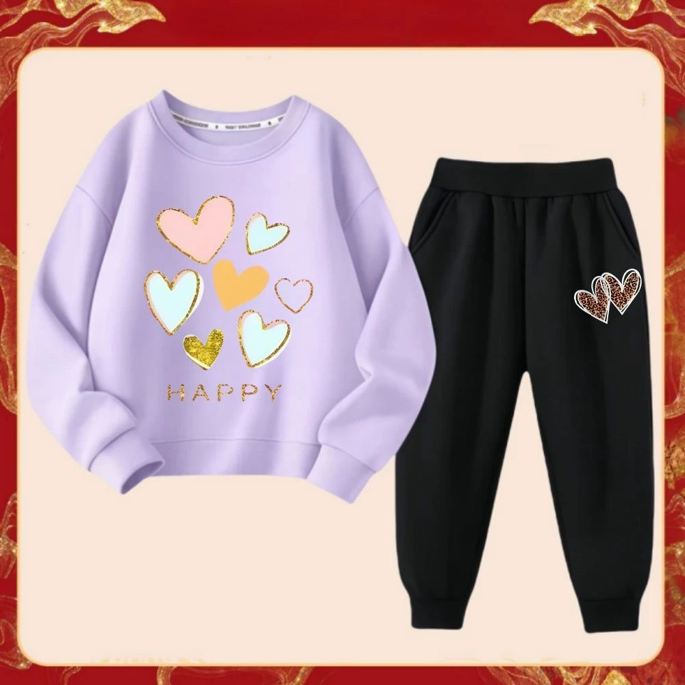 Spring Children Clothes Set Kid Girls Sweet Sweatshirts Pullover Top And Pants 2 Pieces Suit Heart Print Long Sleeve Tracksuits.