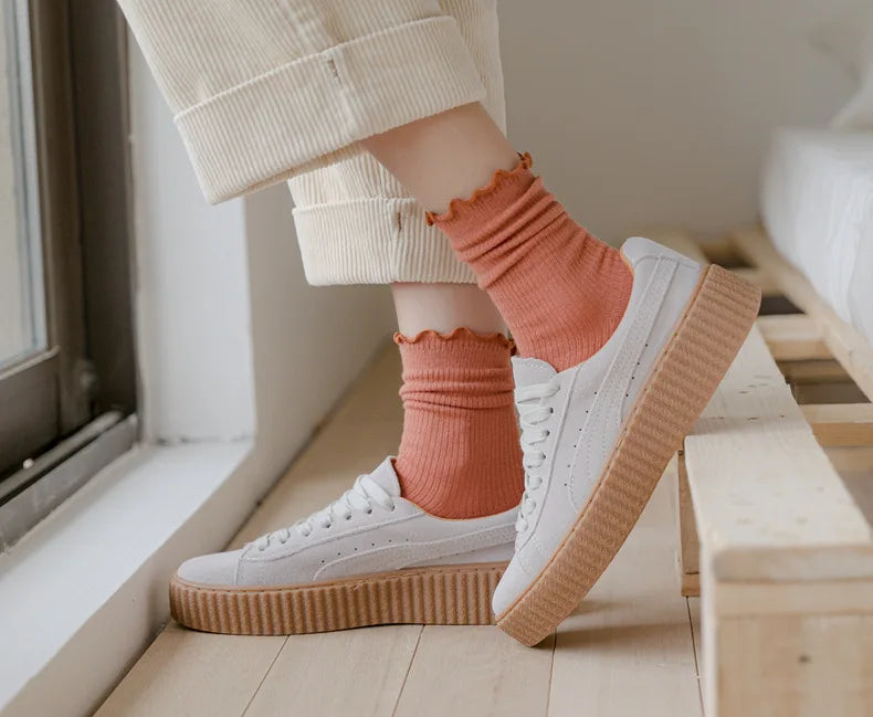 5 Pairs of Women's Solid Color Cotton Socks Japanese Style Ruffle Stacked Socks Cute Laciness Women's Long Socks