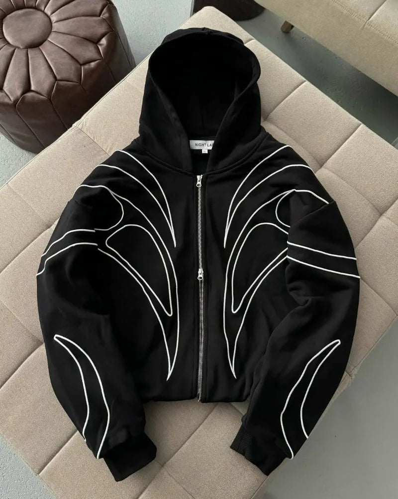 Striped splicing embroidery oversized hoodie American new clothing high street trend brand double zipper black zipper sweatshirt.