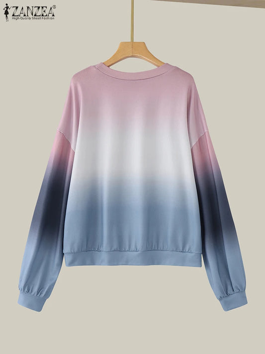 ZANZEA Plus Size Sweatshirts Women Long Sleeve Autumn Fashion Hoodies Gradient Color Round Neck Causal Loose Pullovers 2025 5XL.
