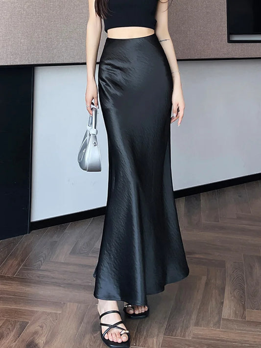 Zoki Chic Satin Elegant Long Skirt Women Casual Fashion High Waist Sweet Trumpet Skirts Slim Summer Female Korean Long Skirts.