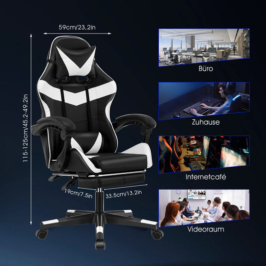 Bürostuhl Gaming Stuhl Massage Gaming Sessel Ergonomischer Gamer Stuhl mit Fußstütze, Kopfstütze Massage-Lendenkissen, Gepolstert Gaming Chair, Drehsessel Weiß