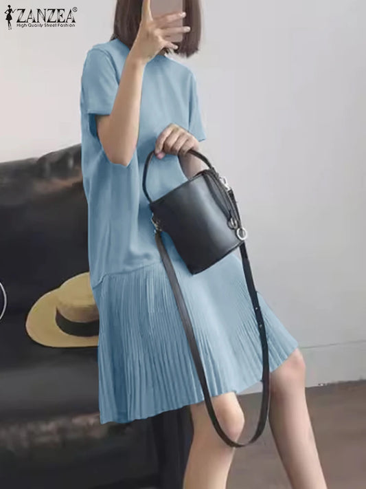 Zanzea lässig solide plissierte Kleid Frauen Sommer Kurzarm knielange Robe 2024 koreanische lose einfache Patchwork Vestido Overs ize.