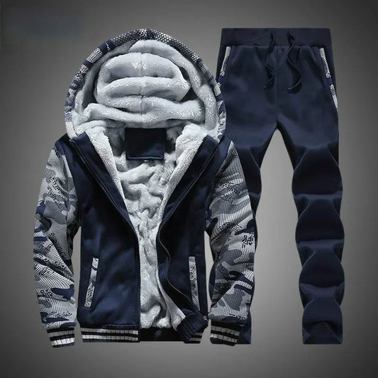New Winter Fleece Thicken Men's Two-piece Zipper Sports Set Hooded Thermal Suit Casual Oversized Tracksuit 4XL 5XL Funny Suit.