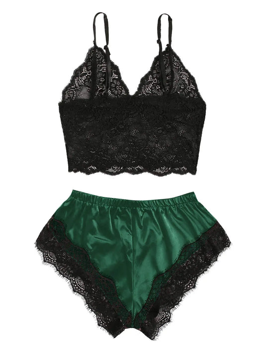 2-teiliges sexy Spitzen-Pyjama-Set für Damen, durchsichtiges Bralette, Cami-Top und Shorts, atmungsaktive Nachtwäsche, Sommer-Dessous in Übergröße.