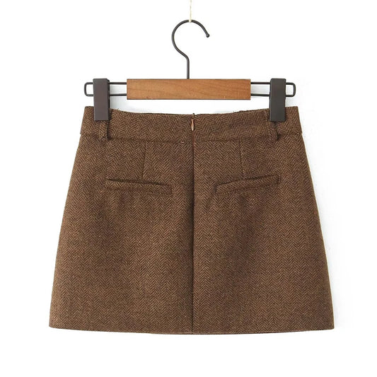 YENKYE Women Vintage High Waist Woolen A-line Mini Skirt Elegant Lady Office Wear Autumn Winter Skirts.