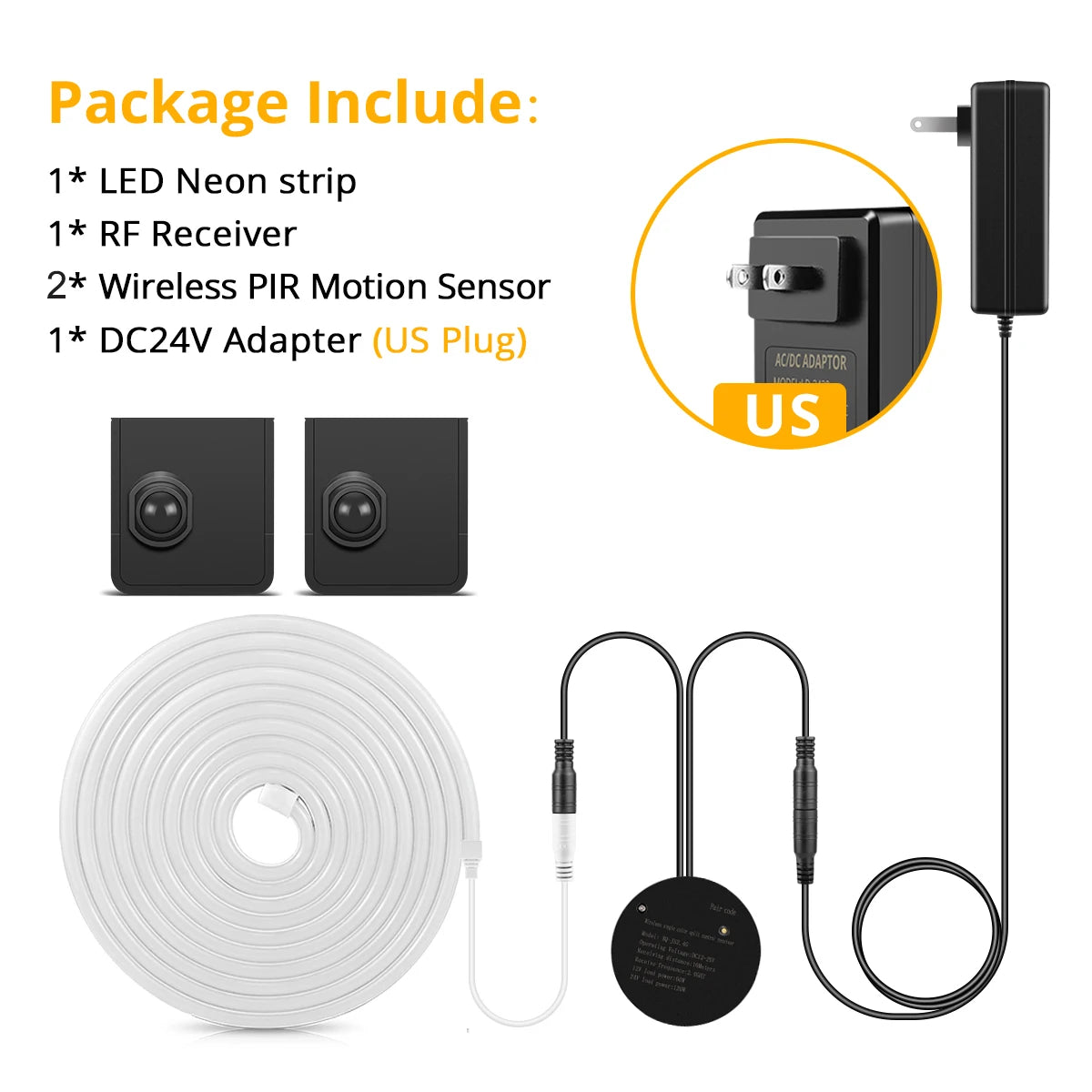 DC24V 10M/5M Silicone Tube Neon LED Strip Light With 2 Wireless Moveable PIR Motion Sensor Switches For Bedroom Corridor Stairs