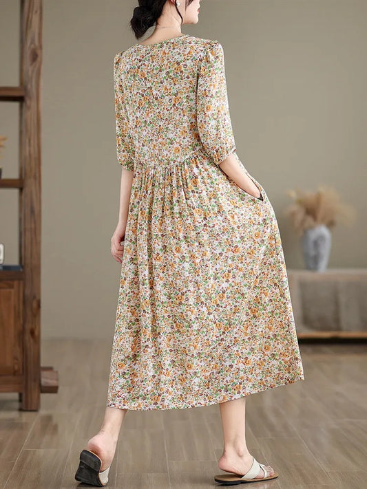 Kurzarm übergroße Baumwolle Satin Vintage Blumen neu in Kleidern für Frauen lässig lose lange Sommerkleid elegante Kleidung.