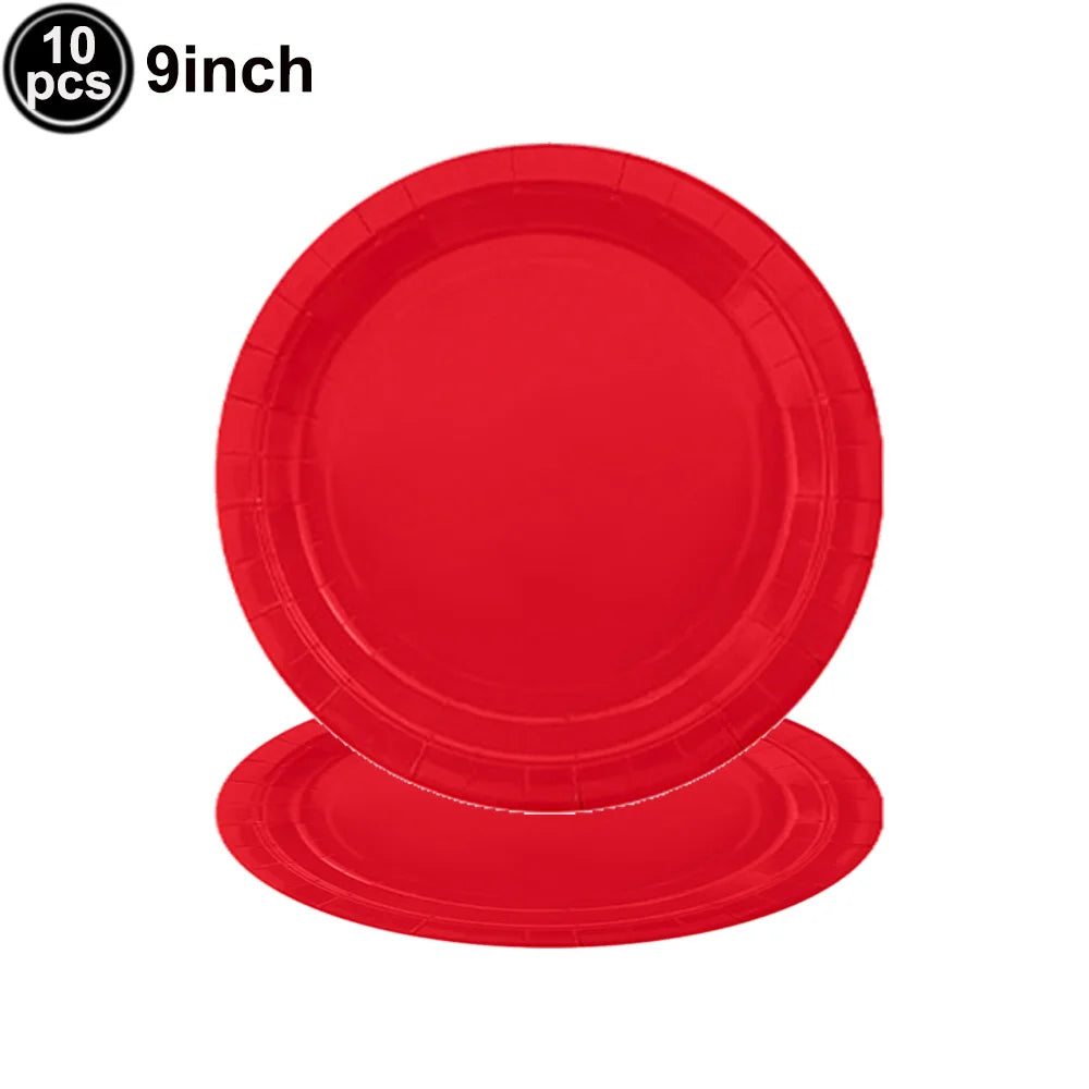 Solides rotes Thema, Einweggeschirr, rote Pappteller, Lebensmitteltablett, Tassen, Servietten, Löffel, Tischdecken, Hochzeit, Geburtstag, Party-Dekoration.