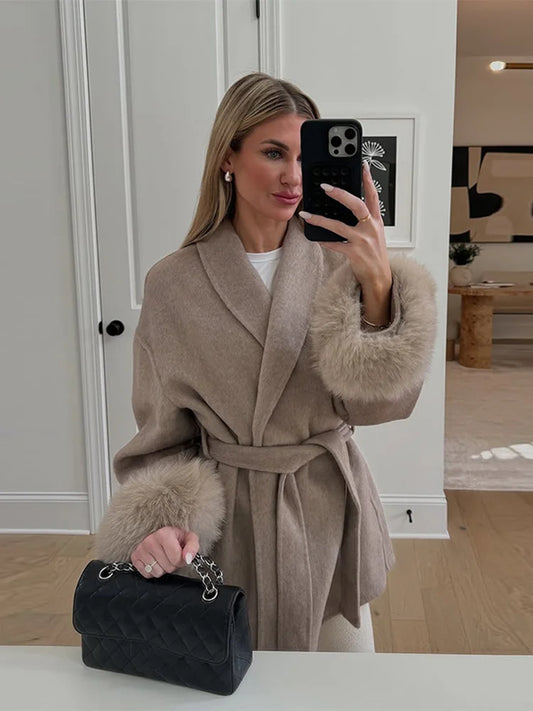 2025 Chic Revers Plüsch Mantel Mit Gürtel Frauen Vintage Feste Faux Pelz Hülse Tweed Offene Mäntel Weibliche Herbst Casual Straße outwear.