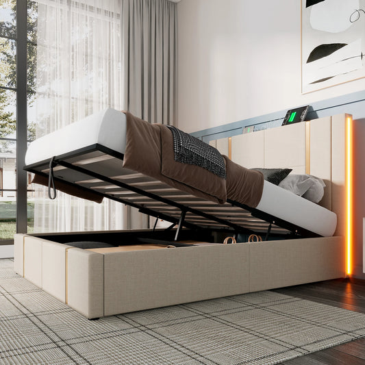 KOMHTOM Doppelbett- USB Type C Ladefunktion, APP-Control LED, Stauraumbettgestell, Leinenmaterial, ohne Matratze