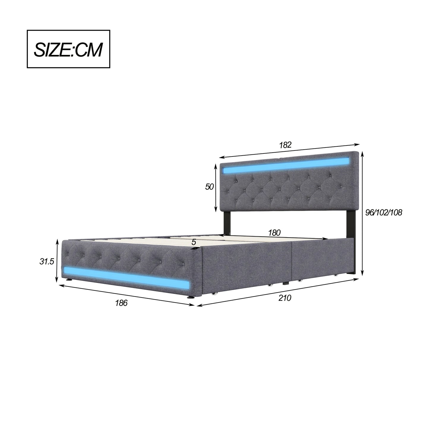 Comanlai 140 x 200 cm/160 x 200 cm/180 x 200 cm Doppelbett mit LED-Licht und 4 Schubladen, gepolstertes Bett mit USB-Ladeanschluss, Leinen