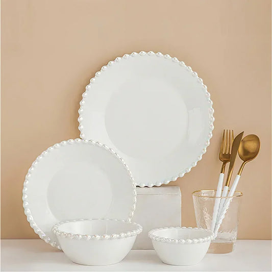 Ceramic Tableware Set Nordic Creative Pearls Beaded Edge Western Food Snack Plate Rice Bowl Soup Bowl Steak Plate Set Kitchen.