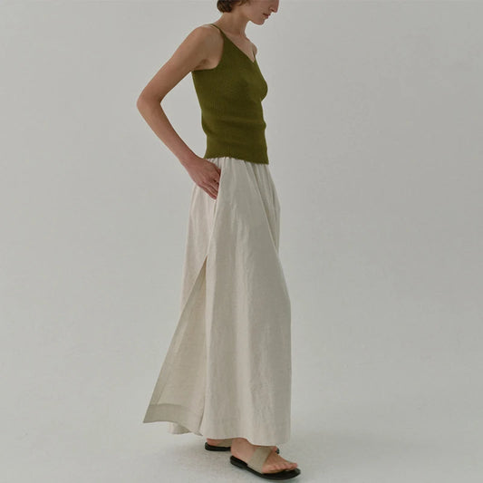 Chic Side Split Vintage Linen Skirt Women's Solid Color Cotton And Linen Summer New Double Pockets A-Line Elastic Waist Skirts.