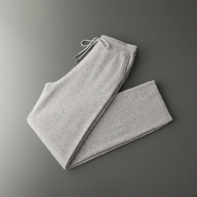 Classic Versatile 100% Cashmere Pants Men High Waist Knitted Straight Pants Solid Color Loose Thin Wide Leg Pants